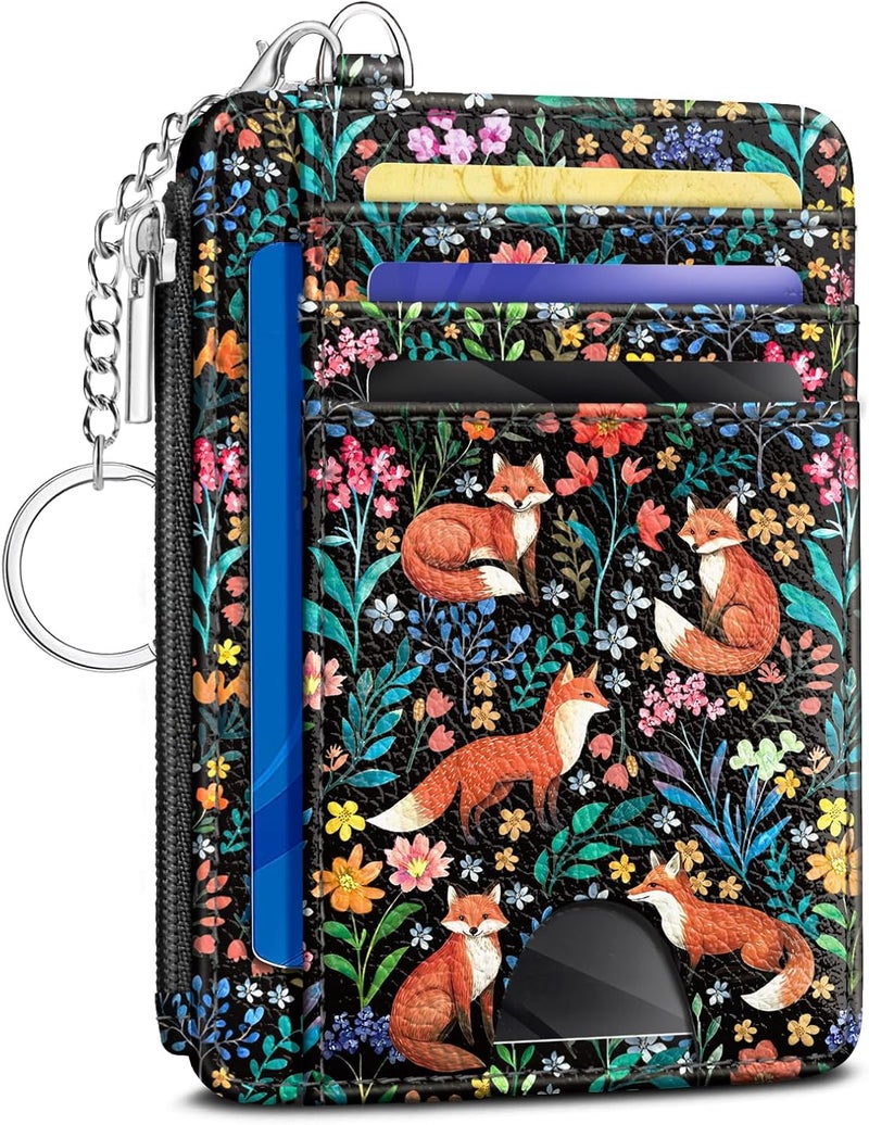 Kelvoris Cute Fox Flowers Credit Card Holder Small Wallet Women, Slim RFID Blocking Wallet Woman Keychain with Zipper Coin Pocket, Front Pocket Thin Travel Card Case Organizer ID Window Ladies Gifts - Image 1